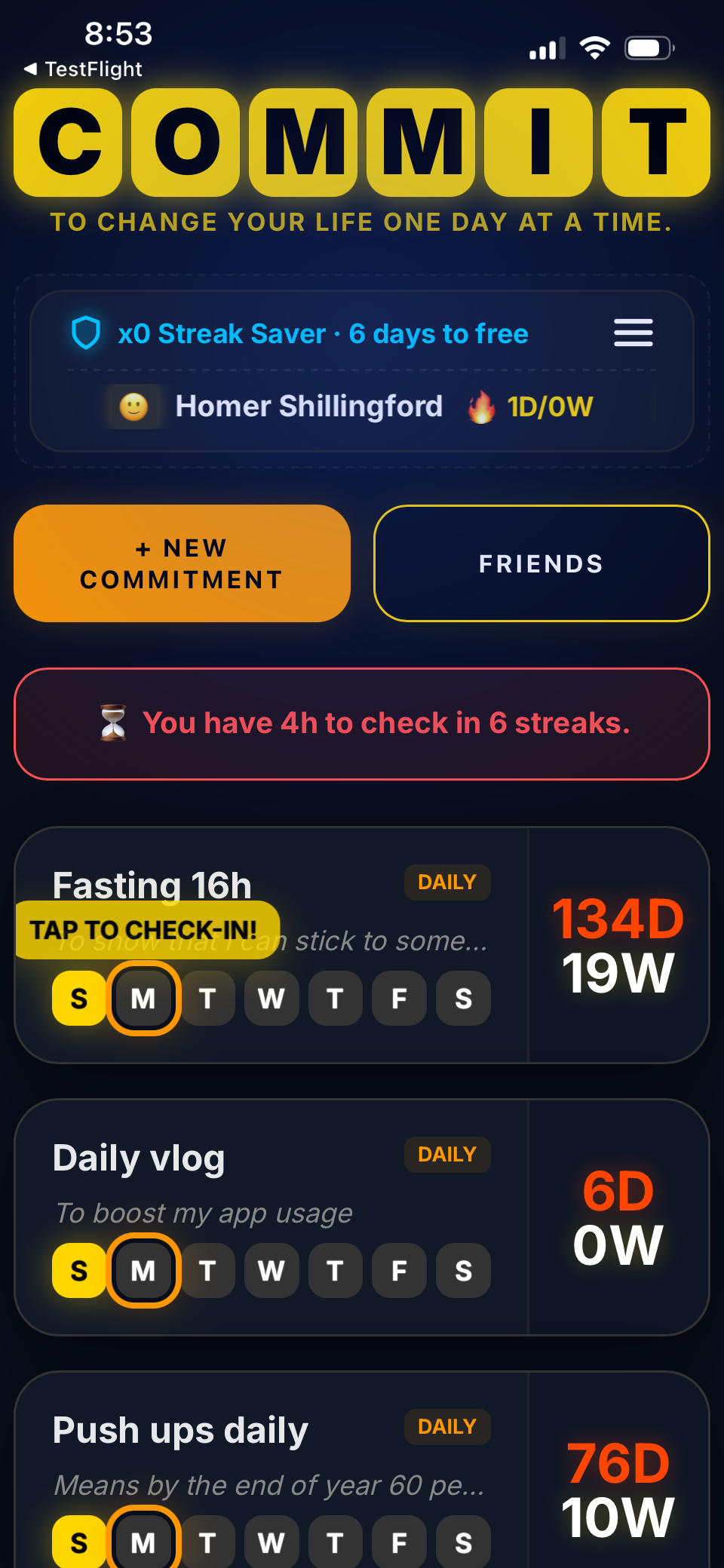 Commit app home screen